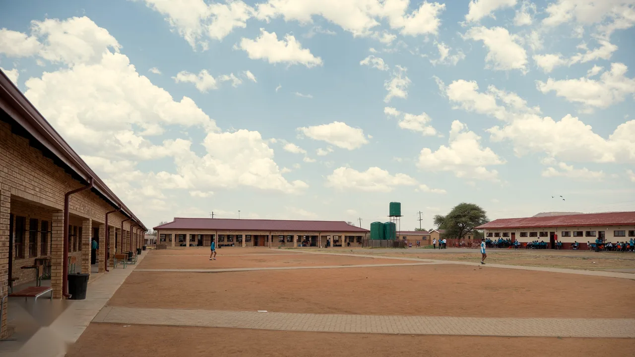 The school courtyard with the new classroom blocks under a wide sky